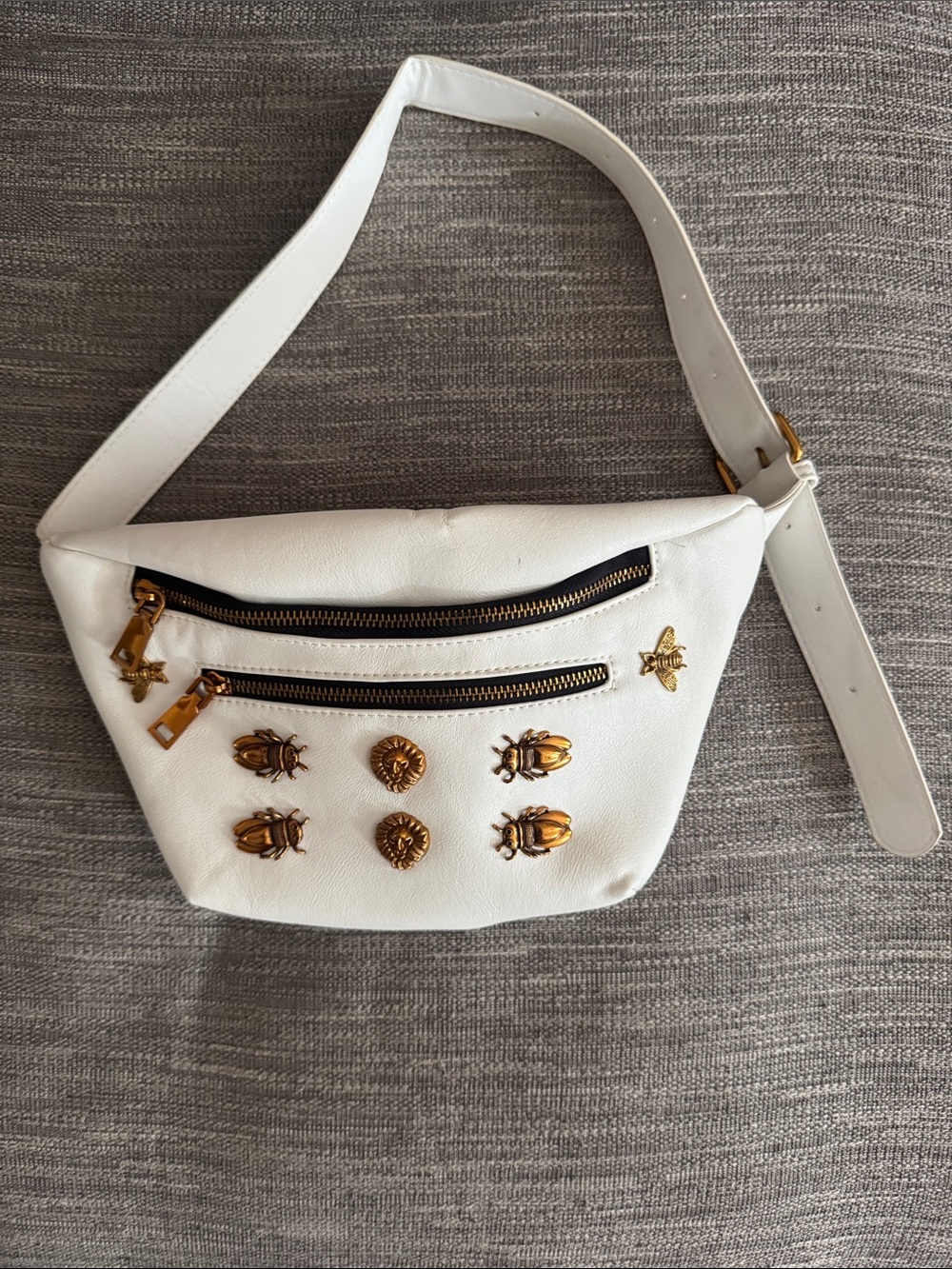 White Women’s Faux Leather Belt Bag with Gold Symbol Accents